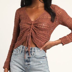 Burgundy Sheer Crochet Ruched Sweater Top